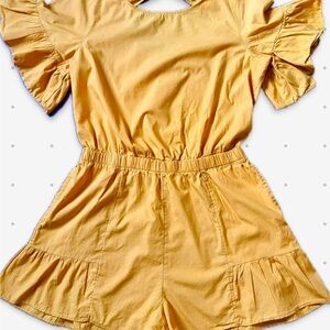 American Eagle Mustard Yellow Ruffle Sleeve Open-Back Romper